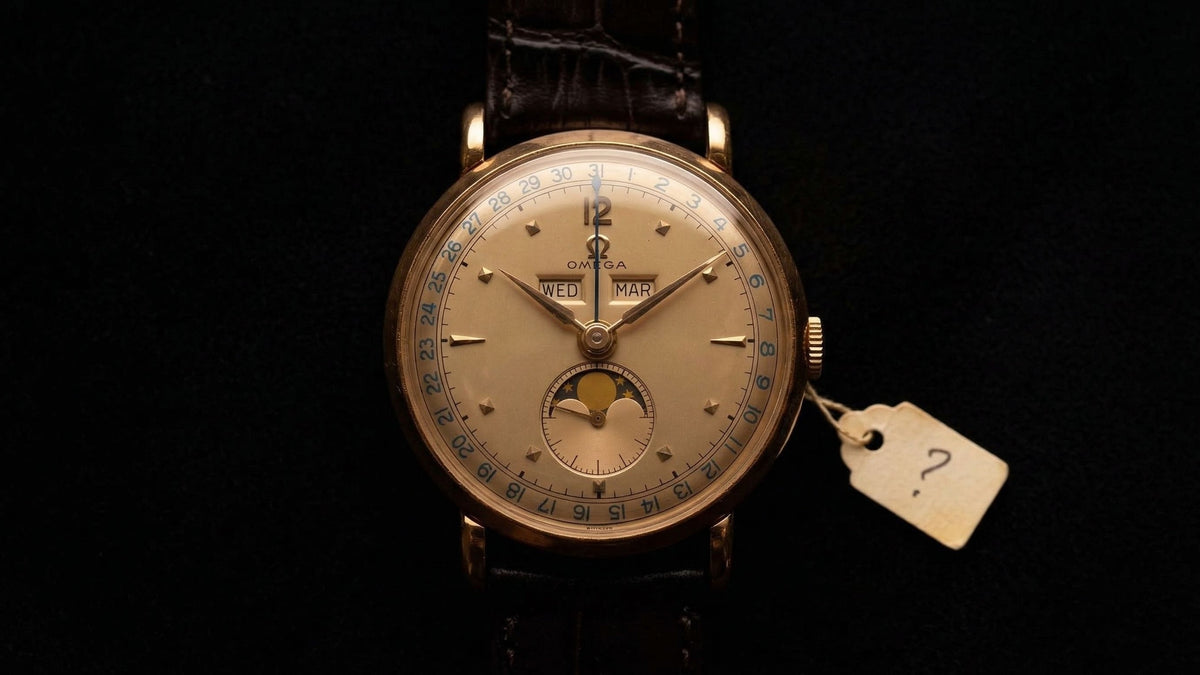 Omega Triple Calendar moonphase in rose gold, 1940s/50s, with price tag
