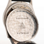 Closeup Photo of a Omega Radium Sword Arabic  from 1935 on a wrist. 28mm case in Stainless Steel with Manual wind movement, Original golden dial, Radium lume and Leather strap.