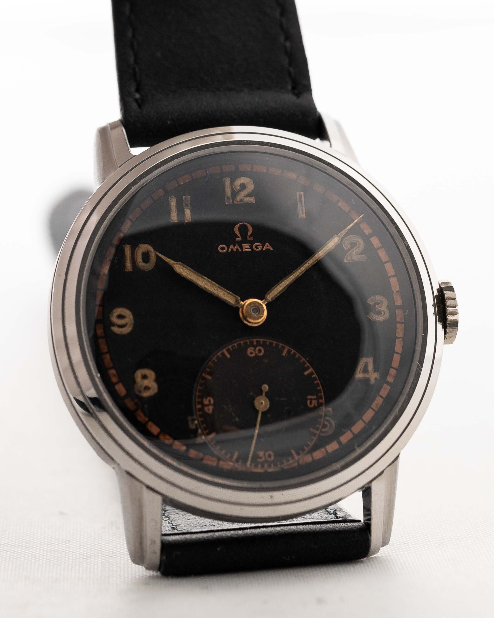 Omega Watch - Vintage Omega Sub Second Black Syringe 1939 - stainless steel case black gilt dial 