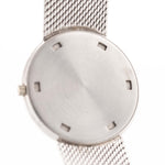 Closeup Photo of a Patek Philippe 3520 Calatrava 18k from the 1970s. 32mm 18k White Gold Case with Manual Wind Movement, Original Silver Sunburst Dial and White Gold Bracelet.