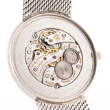 Closeup Photo of a Patek Philippe 3520 Calatrava 18k from the 1970s. 32mm 18k White Gold Case with Manual Wind Movement, Original Silver Sunburst Dial and White Gold Bracelet.