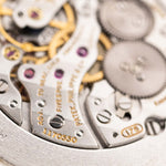 Closeup Photo of a Patek Philippe 3520 Calatrava 18k from the 1970s. 32mm 18k White Gold Case with Manual Wind Movement, Original Silver Sunburst Dial and White Gold Bracelet.