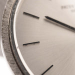 Closeup Photo of a Patek Philippe 3520 Calatrava 18k from the 1970s. 32mm 18k White Gold Case with Manual Wind Movement, Original Silver Sunburst Dial and White Gold Bracelet.