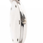 Closeup Photo of a Patek Philippe 3520 Calatrava 18k from the 1970s. 32mm 18k White Gold Case with Manual Wind Movement, Original Silver Sunburst Dial and White Gold Bracelet.