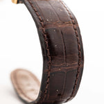 Closeup of a Vintage Patek Philippe 3923 Calatrava Original Leather Strap from the 1990s. 32mm in 18k Yellow Gold with Manual Wind Movement, Sigma Dial, and 18k Gold Buckle.