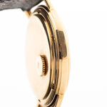 Closeup Photo of a Patek Philippe Calatrava 3569 Hammered 1970 on a wrist. 36mm case in 18k Yellow Gold Case wth Hammered Gold Dial, Automatic Movement and Original Leather Strap.