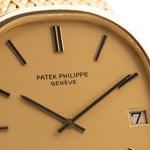 Closeup Photo of a Vintage Patek Philippe Ellipse 3605 Jumbo Dial from 1978. 33mm in 18k Yellow Gold with Automatic Cal. 28-255 C, Gilt Sigma Dial and Integrated Gold Bracelet.