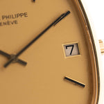Closeup Photo of a Vintage Patek Philippe Ellipse 3605 Jumbo from 1978. 33mm in 18k Yellow Gold with Automatic Cal. 28-255 C, Gilt Sigma Dial and Integrated Gold Bracelet.