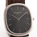 Vintage Patek Philippe Ellipse 3738 Grey 18k white gold 1980s with grey sunburst dial closeup