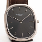 Vintage Patek Philippe Ellipse 3738 Grey 18k white gold 1980s with grey sunburst dial closeup
