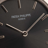Vintage Patek Philippe Ellipse 3738 Grey 18k white gold 1980s with grey sunburst dial closeup Hands and markers