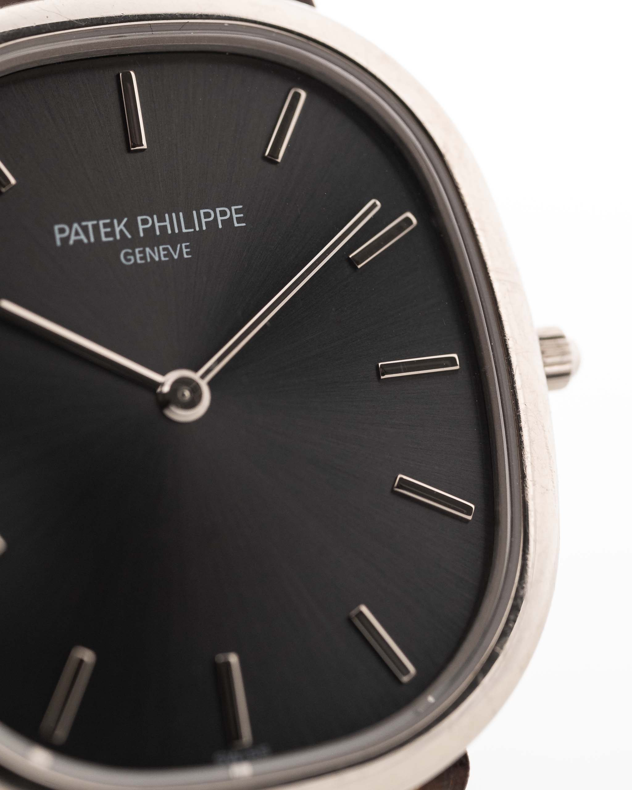 Used Patek Philippe Ellipse 3738 Grey 18k white gold 1980s with grey sunburst dial closeup