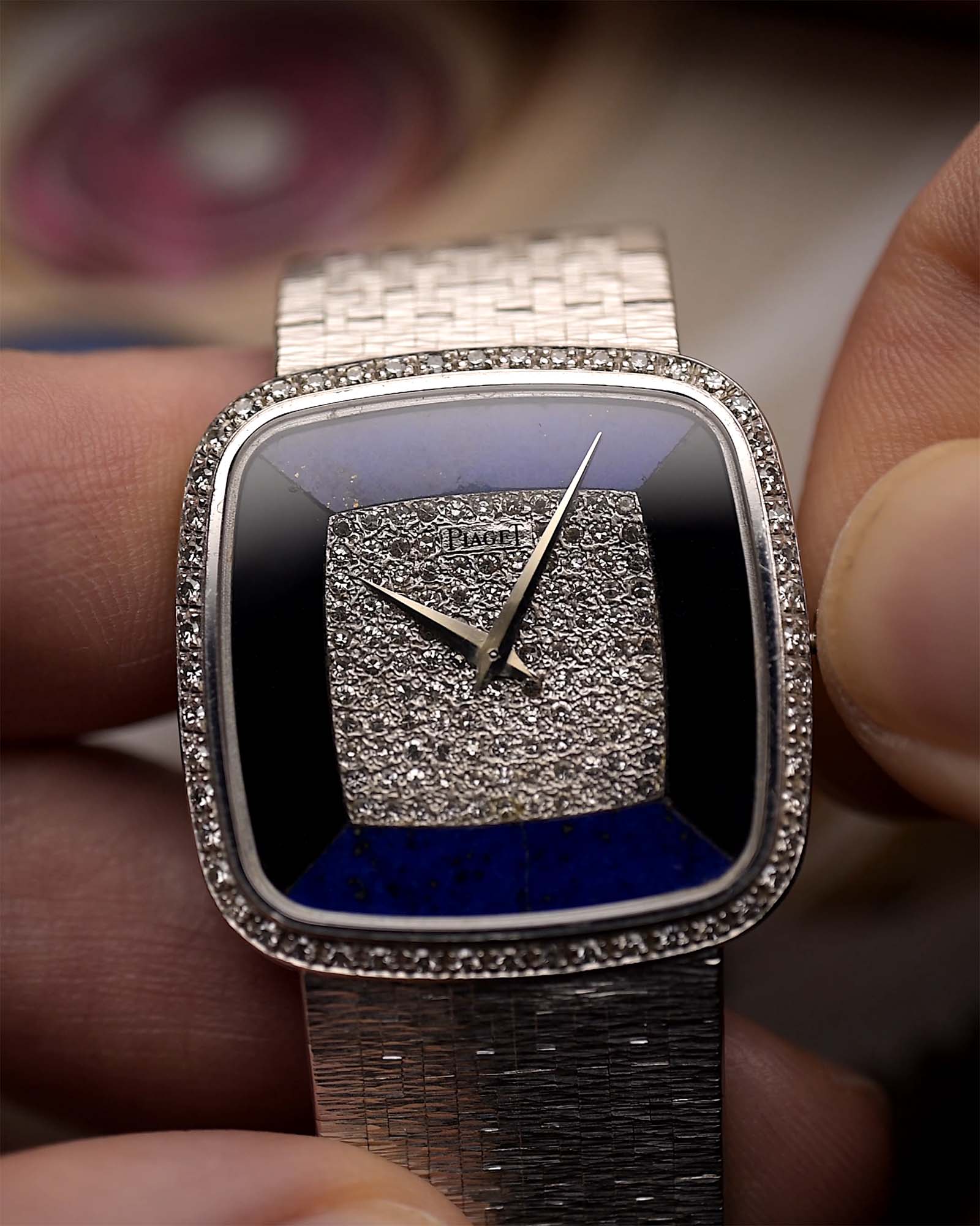 Vintage Piaget Square 9775 Watch with Lapis Onyx Diamond from the 1970s.