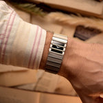 Vintage Piaget Polo 7131 Onyx Zebra watch from the 1980s on a wrist.