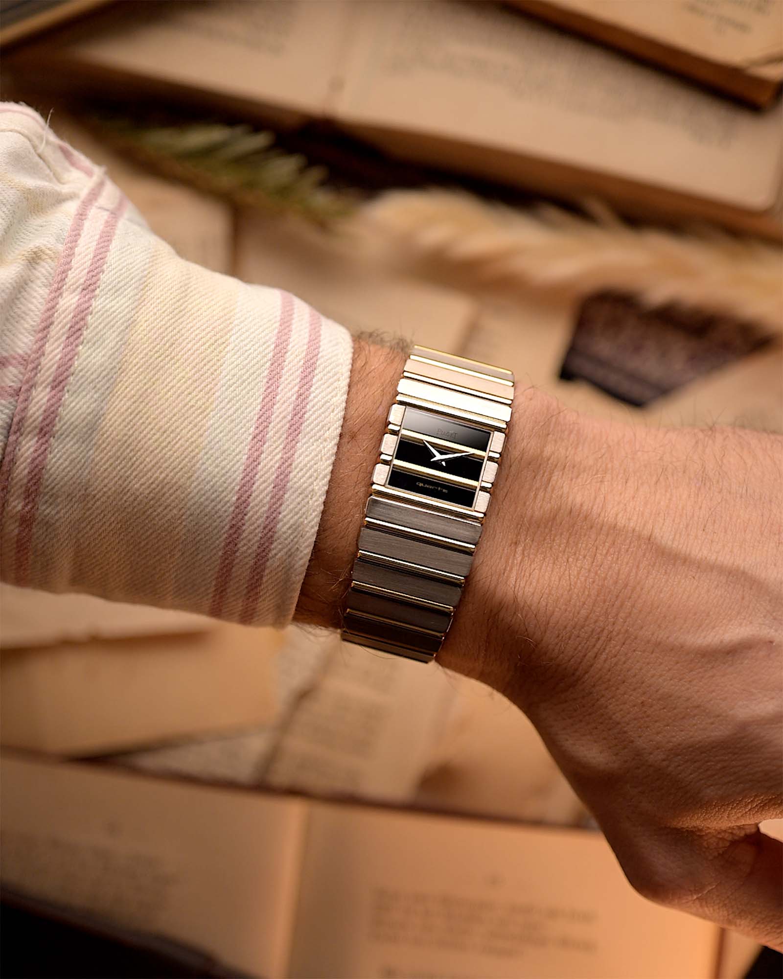 Vintage Piaget Polo 7131 Onyx Zebra watch from the 1980s on a wrist.