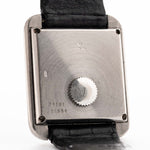 Closeup Photo of a Piaget Protocole 74101 Onyx 18k Diamond from the 1980s on a wrist. 26mm 18k White Gold Case with Onyx Dial with 4 Diamonds, Quartz Movement and Original Leather Strap.