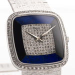 Piaget Watch - Watch Piaget Square 9775 Lapis Onyx 18k white gold Diamond 1970s -  Onyx and Lapislazuli stone dial - white gold bracelet closeup