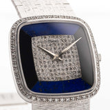 Piaget Watch - Watch Piaget Square 9775 Lapis Onyx 18k white gold Diamond 1970s -  Onyx and Lapislazuli stone dial - white gold bracelet closeup