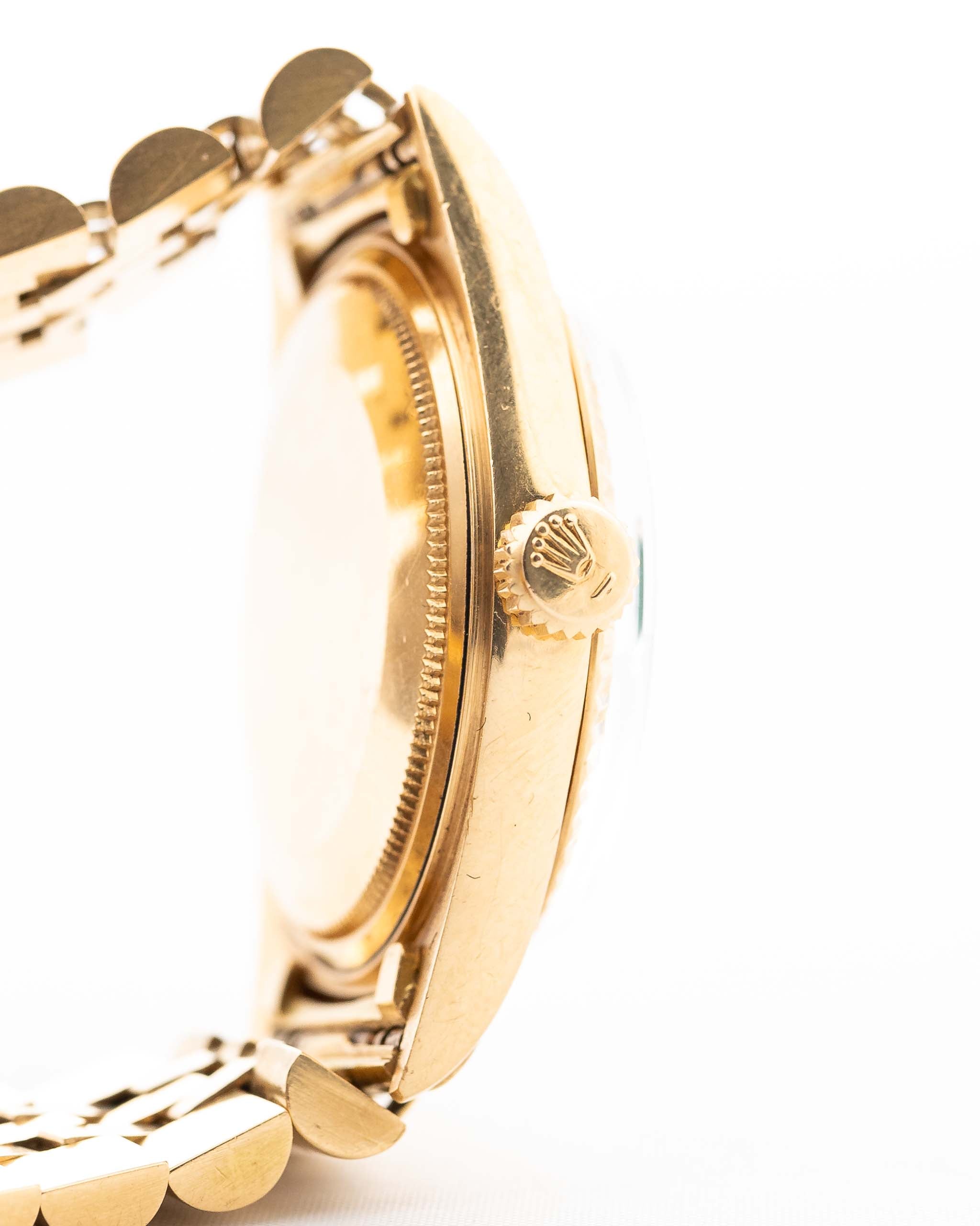 Closeup Photo of a Rolex 1601 Datejust 18k Malachite Case with crown. From 1968, 36mm in 18K Yellow Gold with Original Malachite Dial, Automatic Caliber 1570 and Original Jubilee Bracelet.