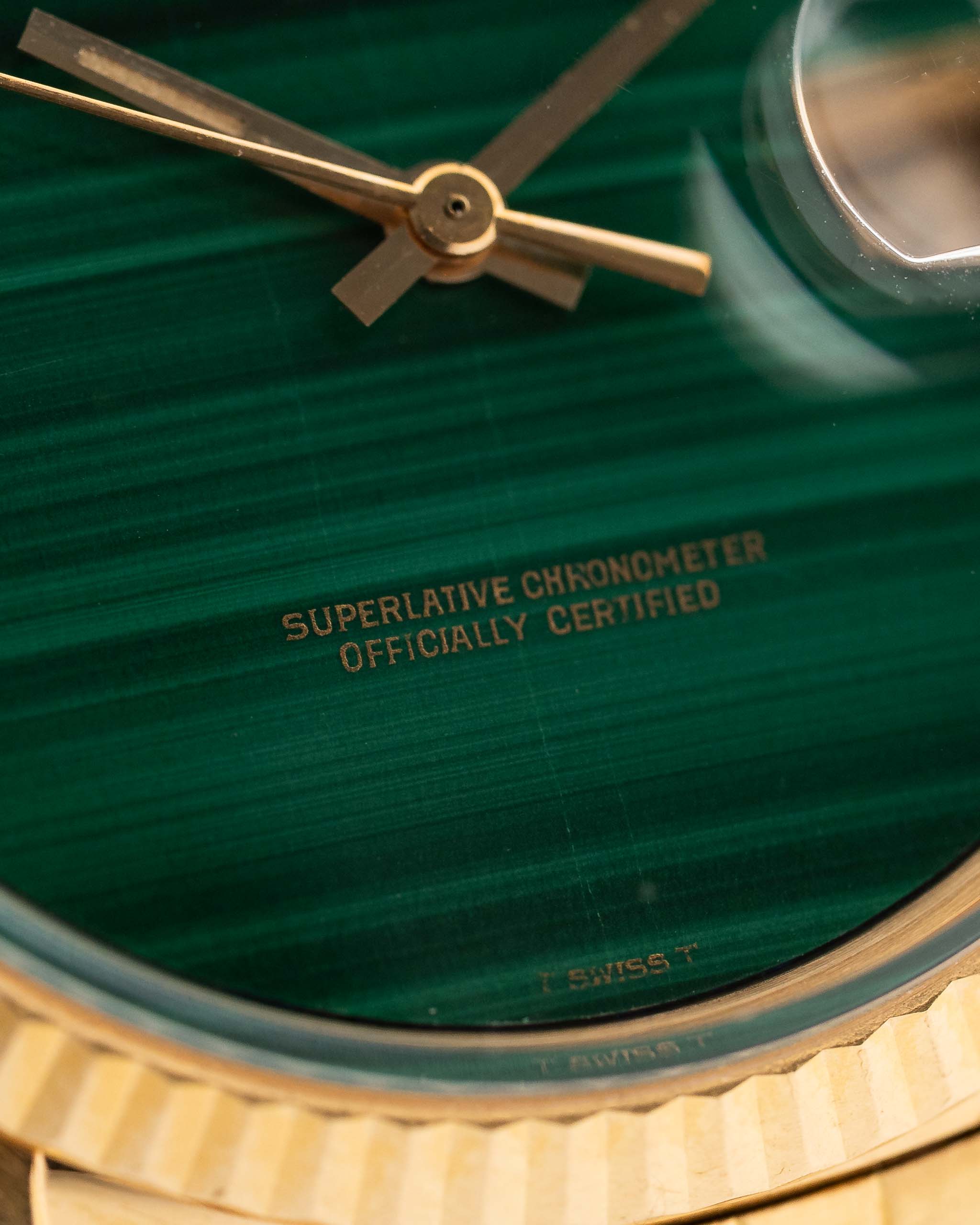 Closeup Photo of a Rolex 1601 Datejust 18k Malachite Dial. From 1968, 36mm in 18K Yellow Gold with Original Malachite Dial, Automatic Caliber 1570 and Original Jubilee Bracelet.