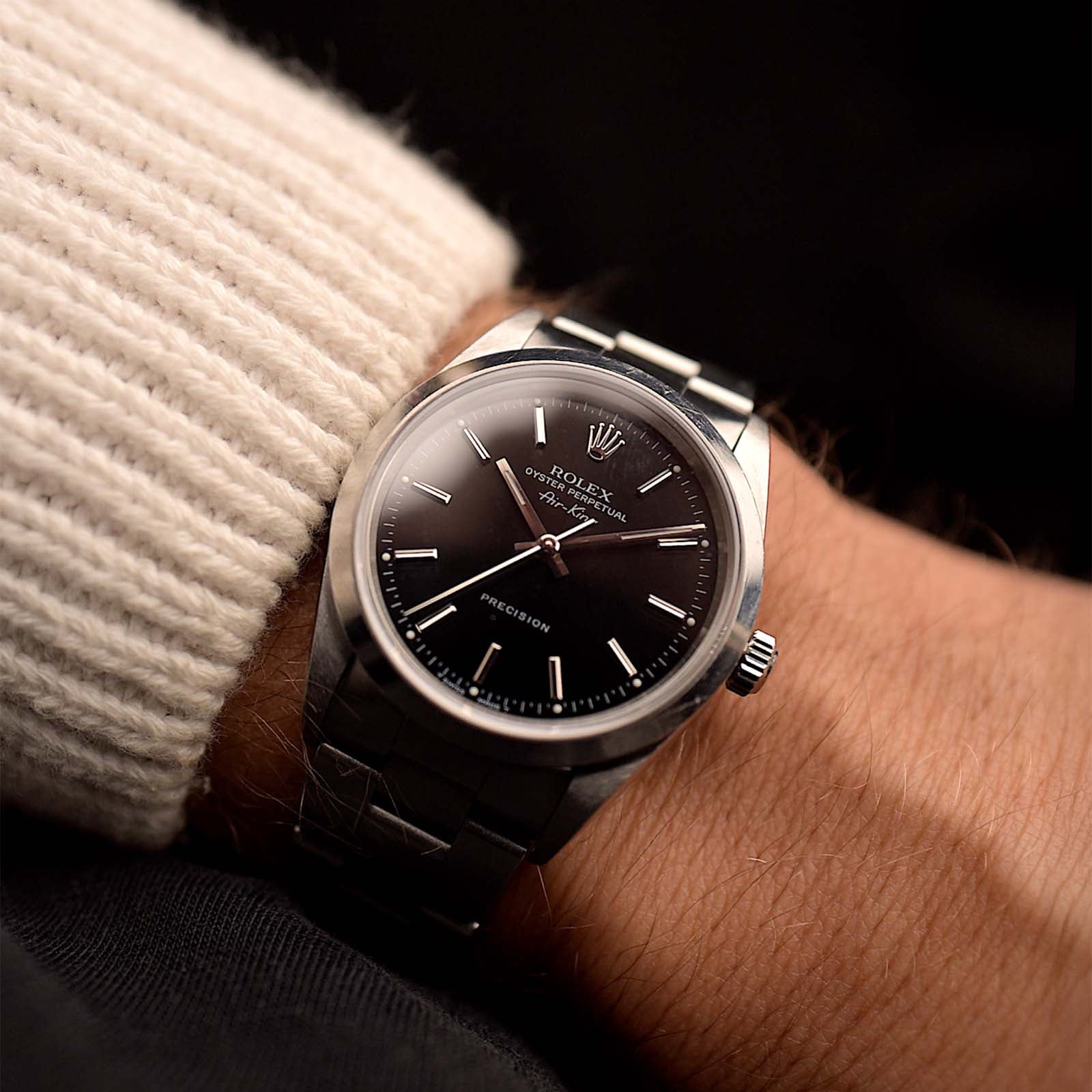 Vintage Rolex Air King 14000 Watch Black from 1999 on a wrist. 34mm in Stainless Steel with Automatic Caliber 3130, Flawless black dial and Rolex Oyster bracelet.