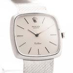 Closeup Photo of a Rolex Cellini 3805 Square 18k from 1970. 31.5mm in 18k White Gold with Manual Wind Movement, Original Silver Sunburst Dial and White Gold Bracelet.