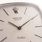 Closeup Photo of a Rolex Cellini 3805 Square 18k from 1970. 31.5mm in 18k White Gold with Manual Wind Movement, Original Silver Sunburst Dial and White Gold Bracelet.