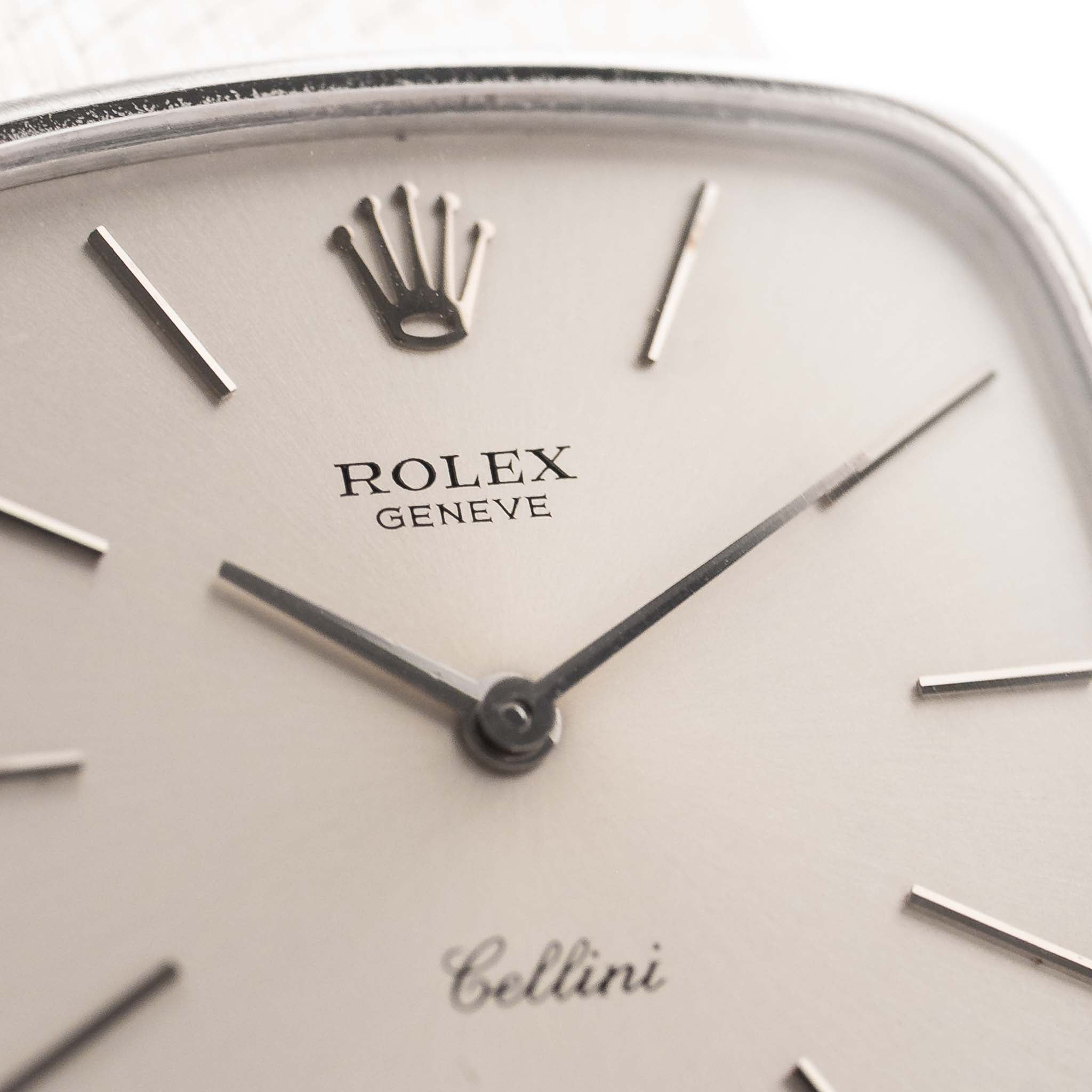 Closeup Photo of a Rolex Cellini 3805 Square 18k from 1970. 31.5mm in 18k White Gold with Manual Wind Movement, Original Silver Sunburst Dial and White Gold Bracelet.