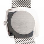 Closeup Photo of a Rolex Cellini 3805 Square 18k from 1970. 31.5mm in 18k White Gold with Manual Wind Movement, Original Silver Sunburst Dial and White Gold Bracelet.
