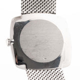Closeup Photo of a Rolex Cellini 3805 Square 18k from 1970. 31.5mm in 18k White Gold with Manual Wind Movement, Original Silver Sunburst Dial and White Gold Bracelet.
