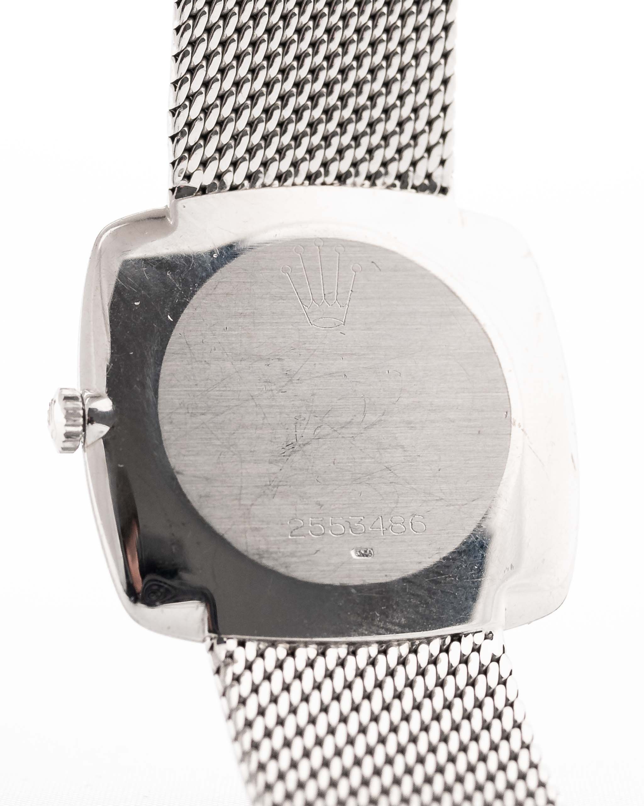 Closeup Photo of a Rolex Cellini 3805 Square 18k from 1970. 31.5mm in 18k White Gold with Manual Wind Movement, Original Silver Sunburst Dial and White Gold Bracelet.
