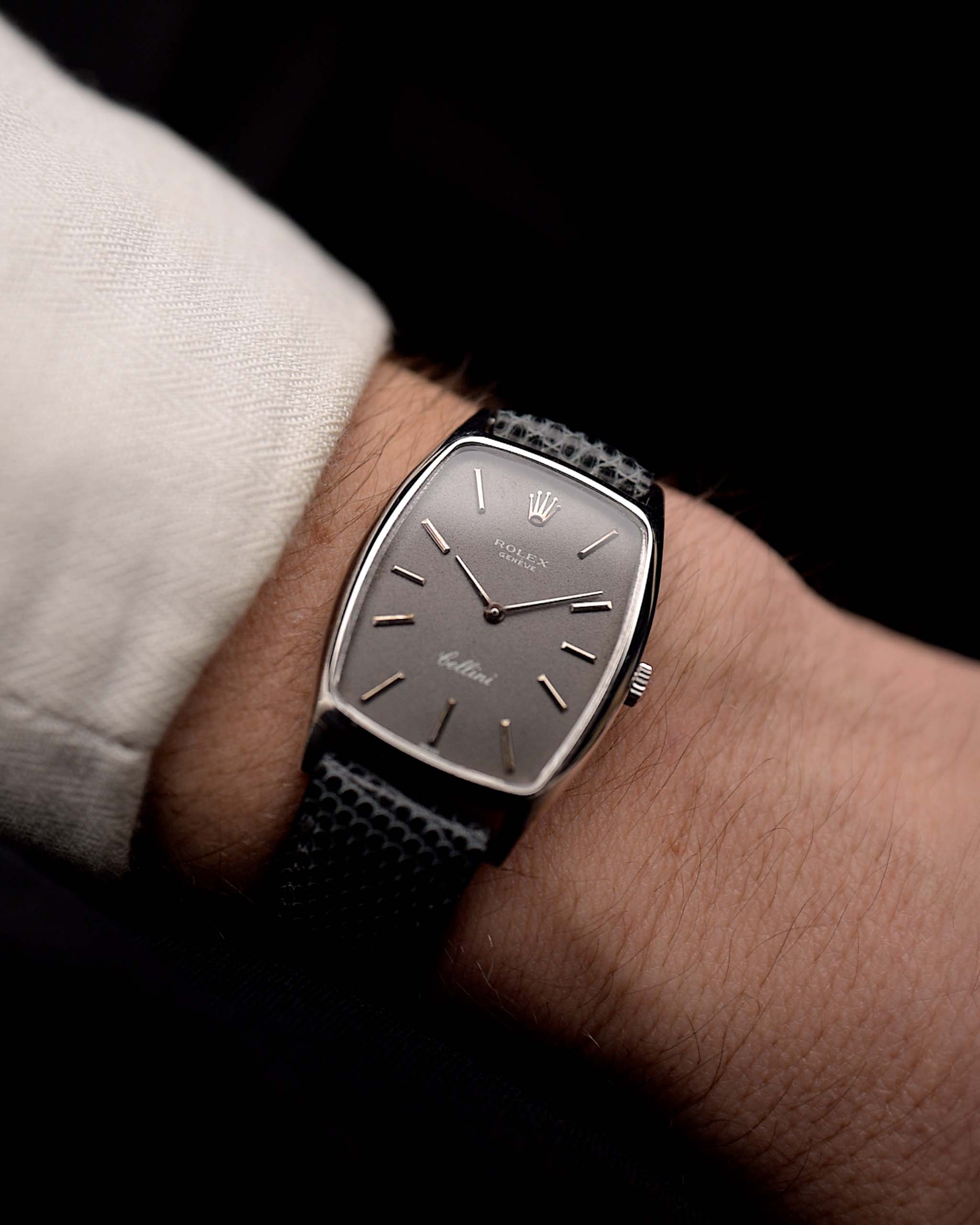 Vintage Rolex Cellini 3807 Tonneau 18k white gold Grey Dial 1971