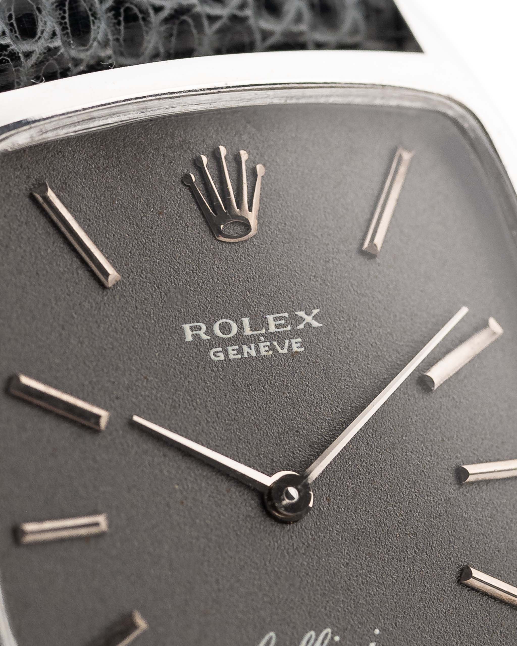 Vintage Rolex Cellini 3807 Tonneau 18k white gold dark grey dial closeup with markers hands and crown logo