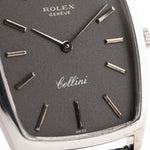 Vintage Rolex Cellini 3807 Tonneau 18k white gold dark grey dial closeup with markers hands and crown logo cellini signature
