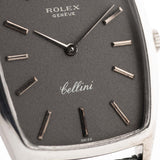 Vintage Rolex Cellini 3807 Tonneau 18k white gold dark grey dial closeup with markers hands and crown logo cellini signature