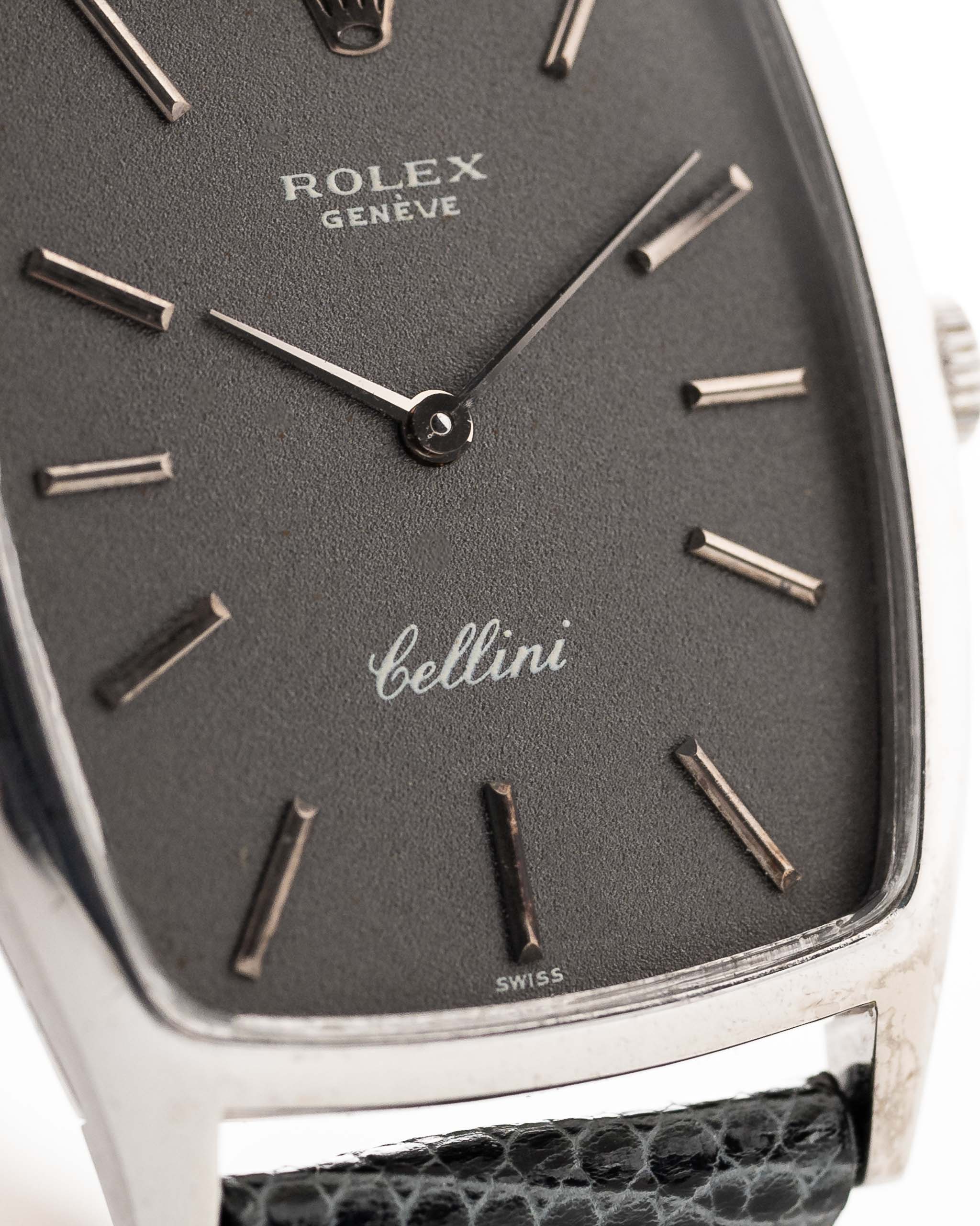 Vintage Rolex Cellini 3807 Tonneau 18k white gold dark grey dial closeup with markers hands and crown logo cellini signature