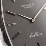 Pre owned Rolex Cellini 3807 Tonneau 18k white gold dark grey dial closeup with markers hands and crown logo cellini signature
