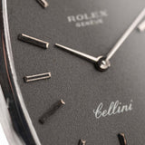 Pre owned Rolex Cellini 3807 Tonneau 18k white gold dark grey dial closeup with markers hands and crown logo cellini signature