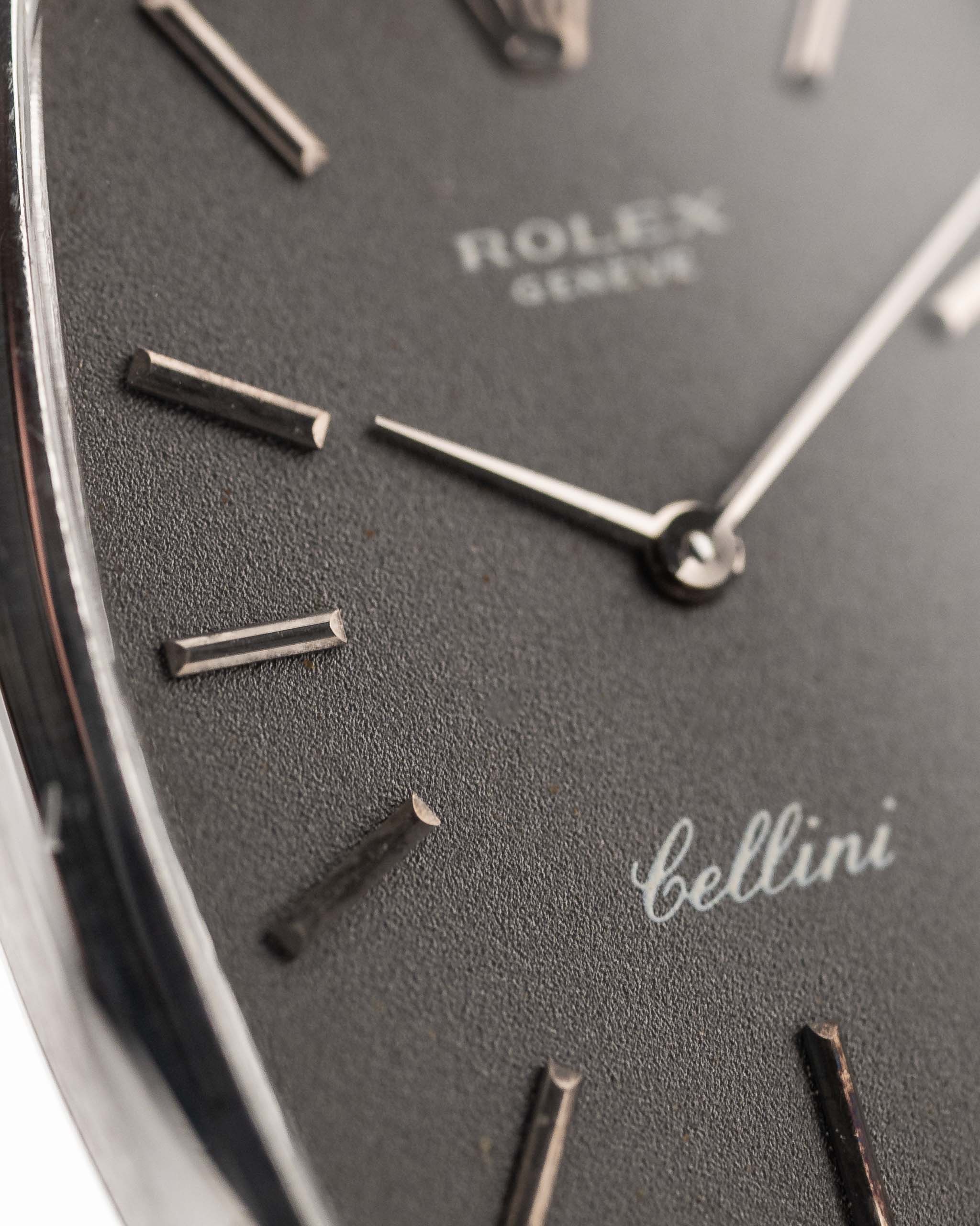 Pre owned Rolex Cellini 3807 Tonneau 18k white gold dark grey dial closeup with markers hands and crown logo cellini signature