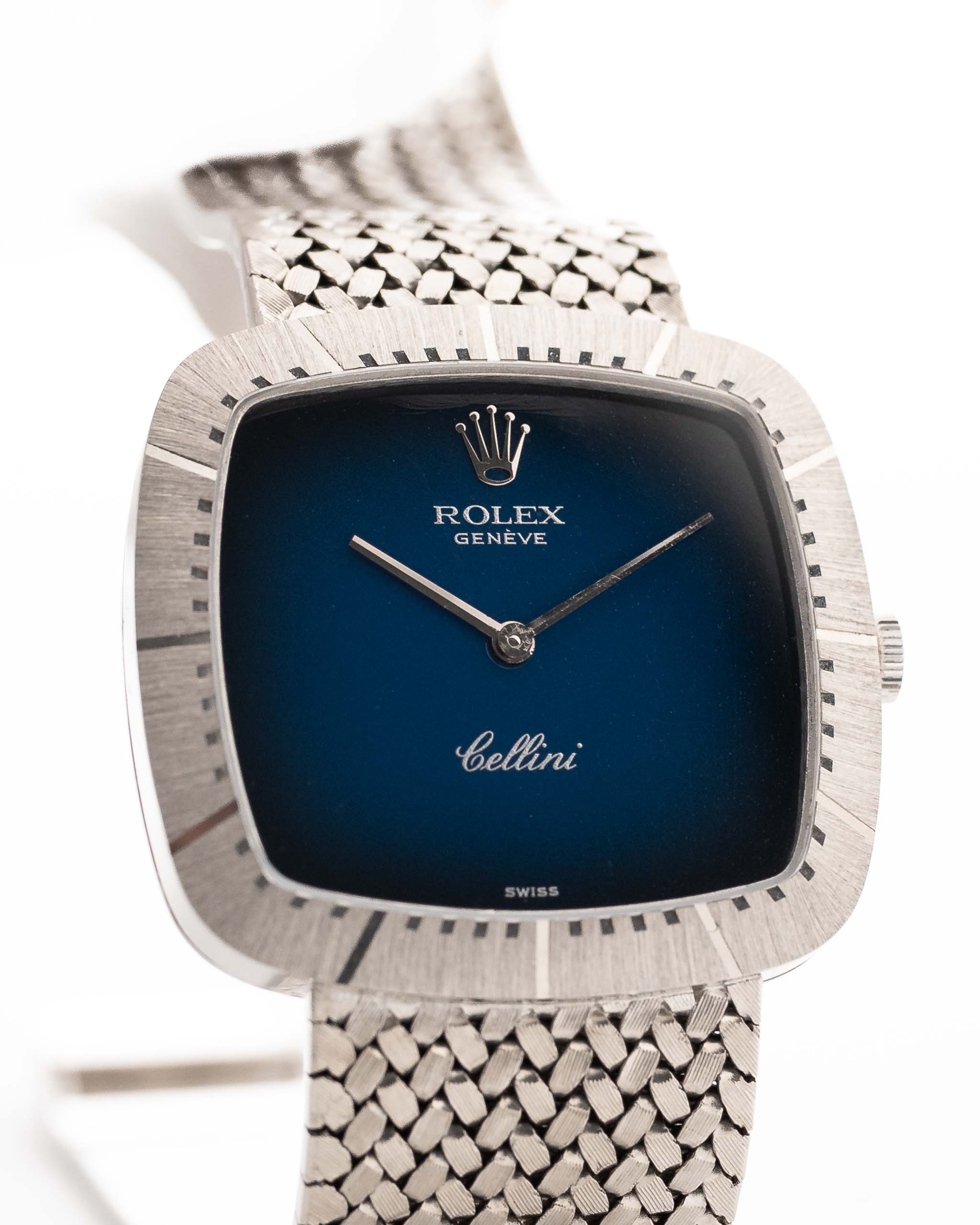 Rolex Cellini 4029 Blue Ombre 18k from the 1970s. 30mm in 18k White Gold with Manual Wind Movement, Blue Ombre Dial and 18k White Gold Bracelet.