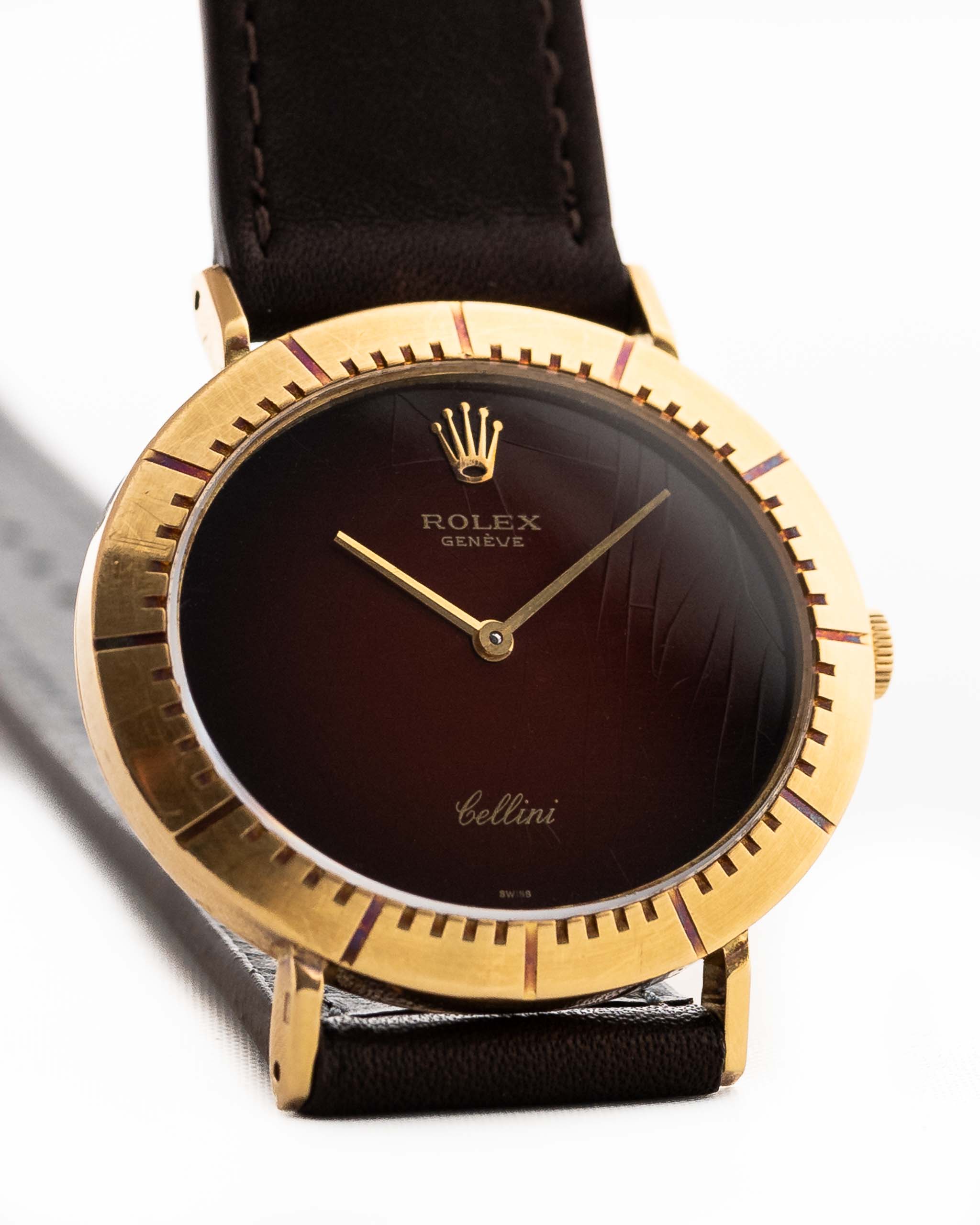 Rolex Cellini 4083 Brown Ombre 1970s brown ombre dial yellow gold case closeup
