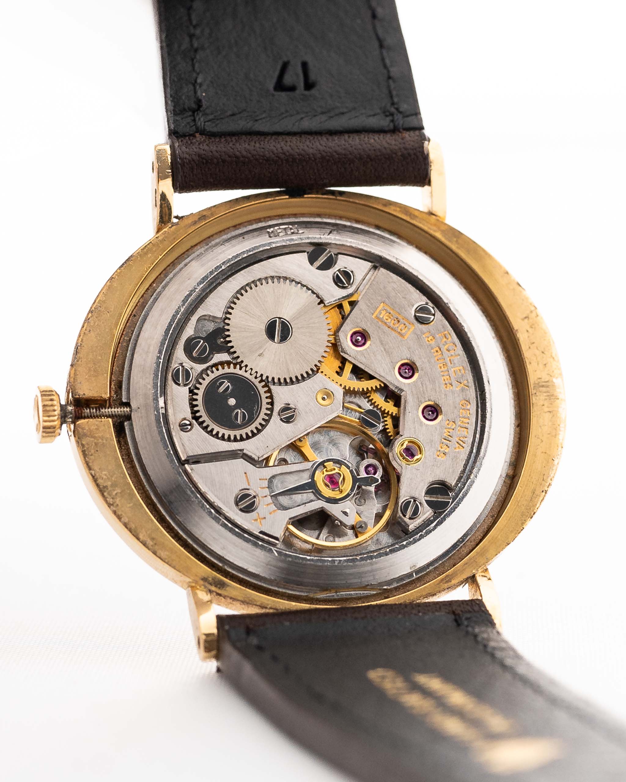 Closeup of a Vintage Rolex Cellini 4083 Ombre from 1973 Movement. 33mm with 18k Yellow Gold Case, Manual Wind Movement, Original Brown Ombre Dial and Leather Strap.