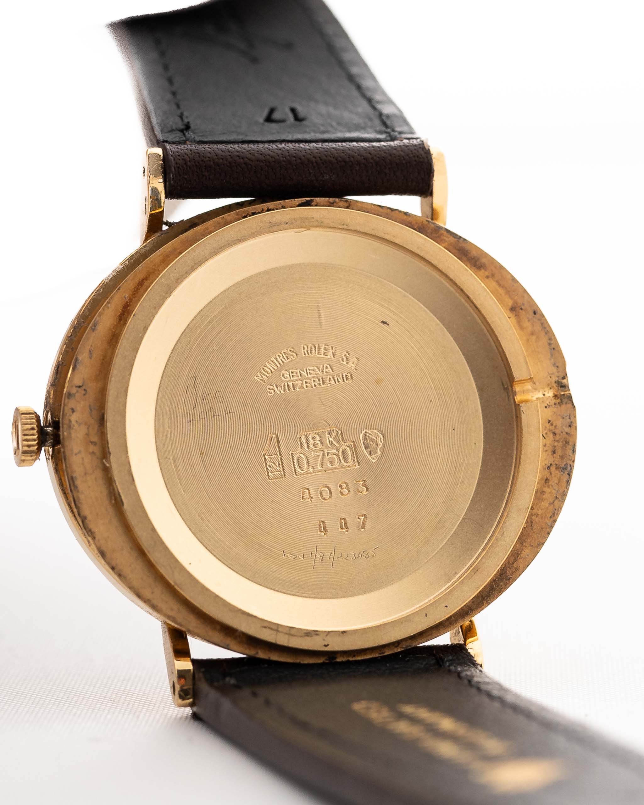 Closeup of a Vintage Rolex Cellini 4083 Ombre from 1973 Case. 33mm with 18k Yellow Gold Case, Manual Wind Movement, Original Brown Ombre Dial and Leather Strap.