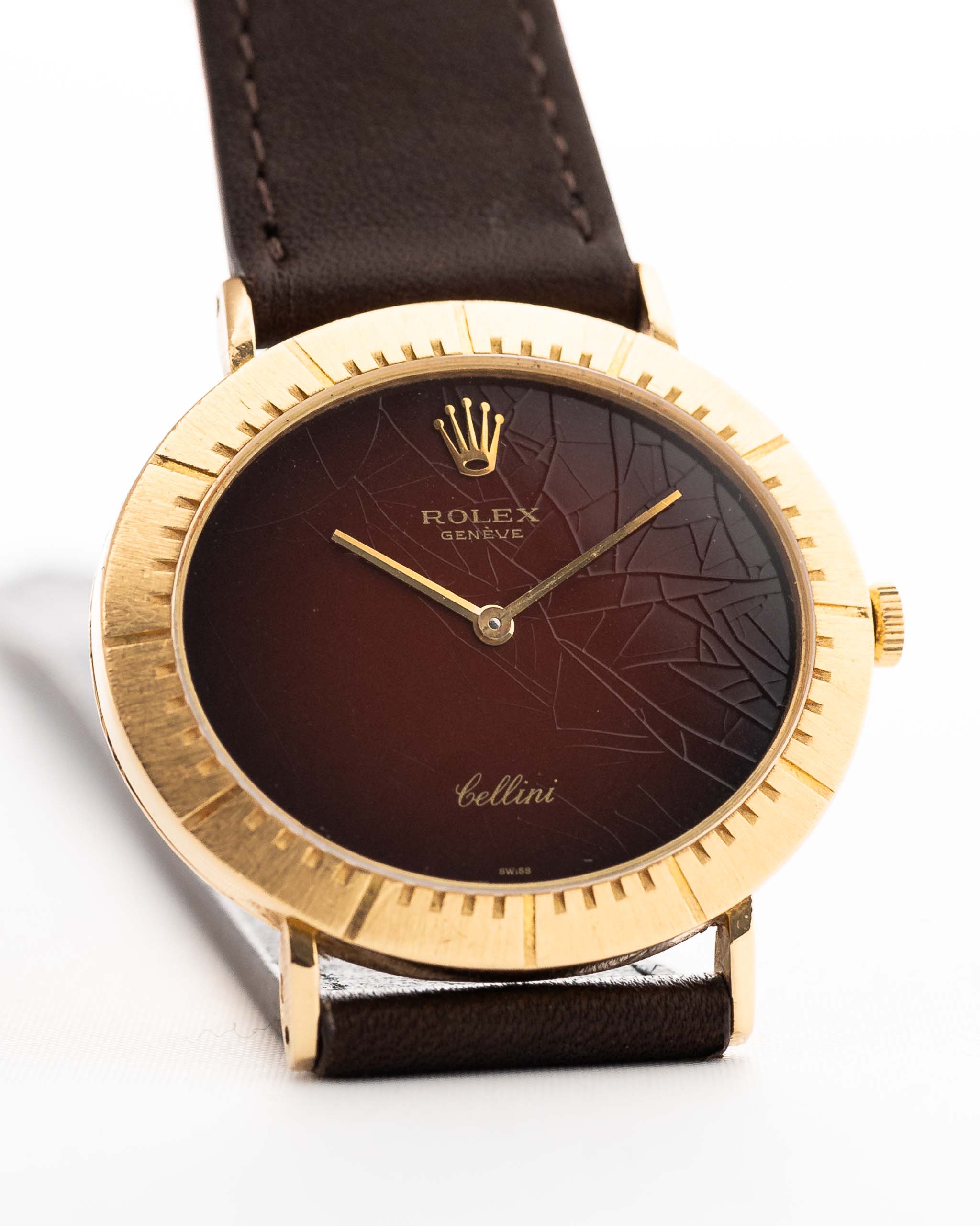 Closeup of a Vintage Rolex Cellini 4083 Ombre from 1973 Brown Ombre Dial. 33mm with 18k Yellow Gold Case, Manual Wind Movement, Original Brown Ombre Dial and Leather Strap.