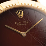 Closeup of a Vintage Rolex Cellini 4083 Ombre from 1973 Brown Ombre Dial. 33mm with 18k Yellow Gold Case, Manual Wind Movement, Original Brown Ombre Dial and Leather Strap.