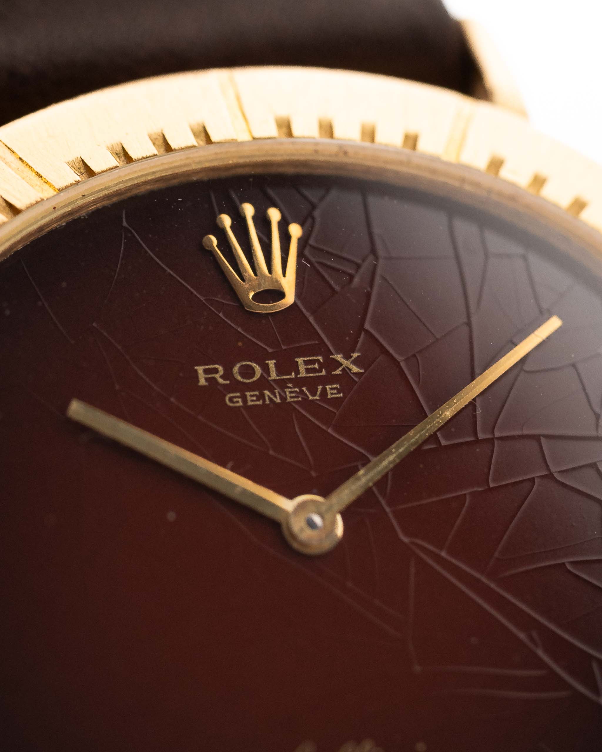 Closeup of a Vintage Rolex Cellini 4083 Ombre from 1973 Brown Ombre Dial. 33mm with 18k Yellow Gold Case, Manual Wind Movement, Original Brown Ombre Dial and Leather Strap.