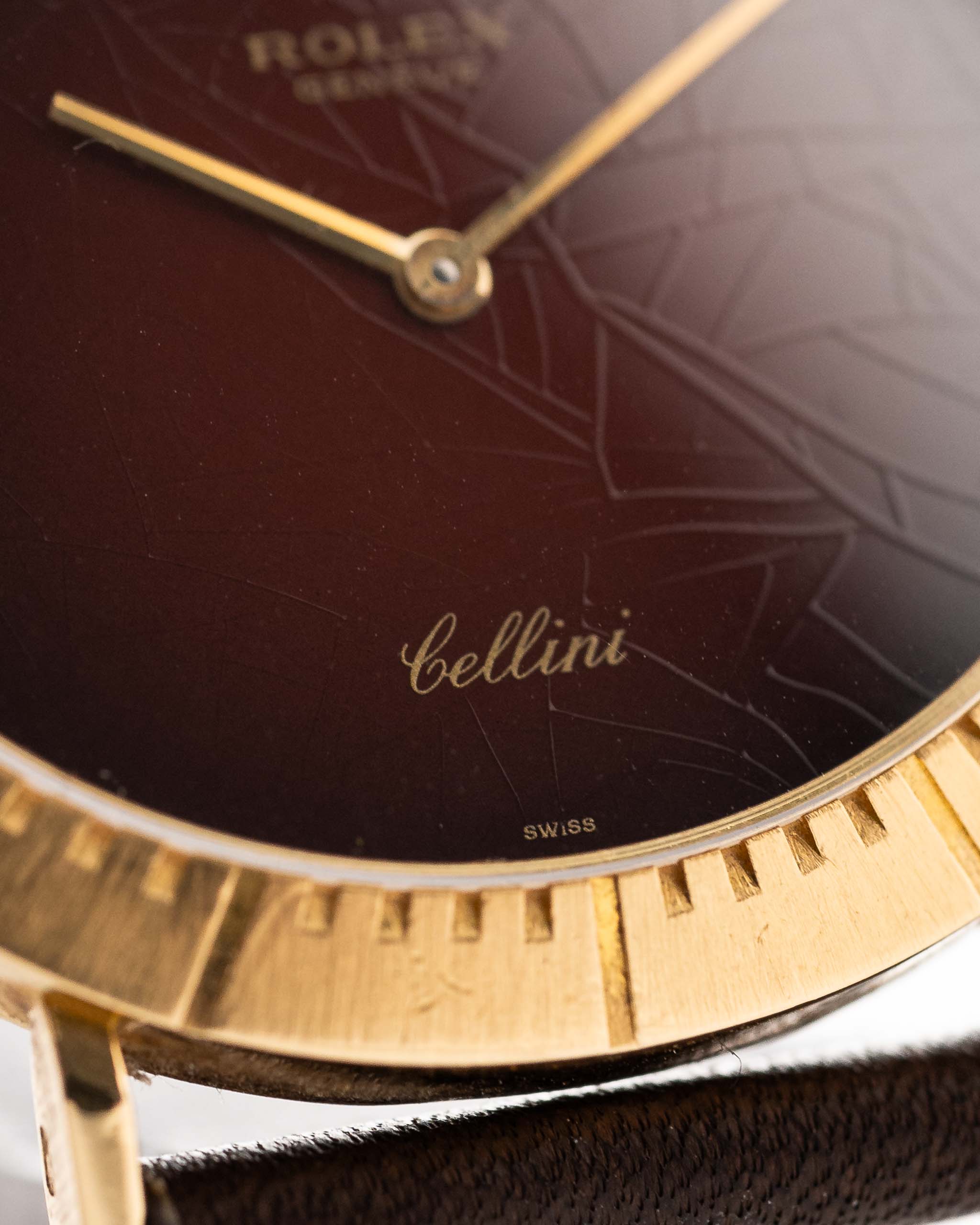 Closeup of a Vintage Rolex Cellini 4083 Ombre from 1973 Brown Ombre Dial. 33mm with 18k Yellow Gold Case, Manual Wind Movement, Original Brown Ombre Dial and Leather Strap.