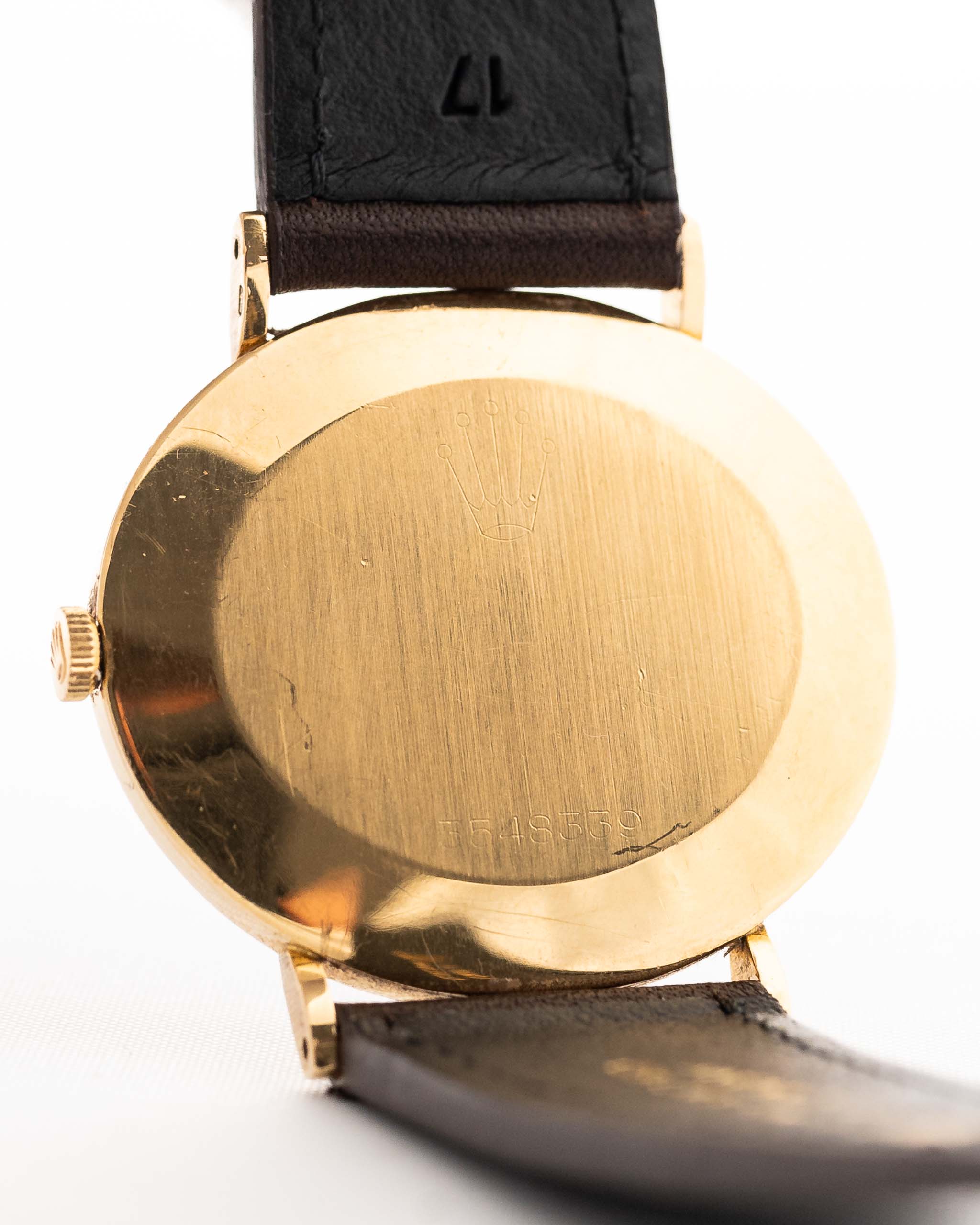 Closeup of a Vintage Rolex Cellini 4083 Ombre from 1973 Case. 33mm with 18k Yellow Gold Case, Manual Wind Movement, Original Brown Ombre Dial and Leather Strap.