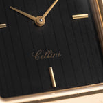Closeup Photo of a Rolex Cellini 4105 Rectangular Black from 1976. 25.5mm  18k yellow gold case with Manual wind movement, Original black tapestry dial and Leather strap.