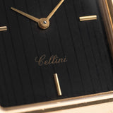 Closeup Photo of a Rolex Cellini 4105 Rectangular Black from 1976. 25.5mm  18k yellow gold case with Manual wind movement, Original black tapestry dial and Leather strap.